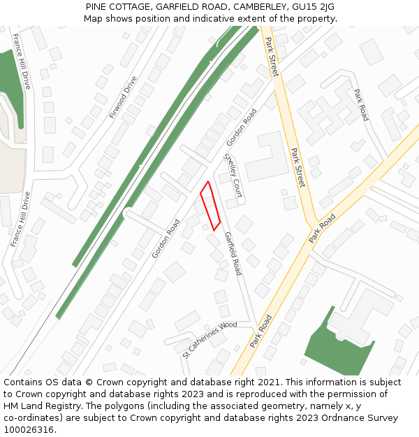 PINE COTTAGE, GARFIELD ROAD, CAMBERLEY, GU15 2JG: Location map and indicative extent of plot