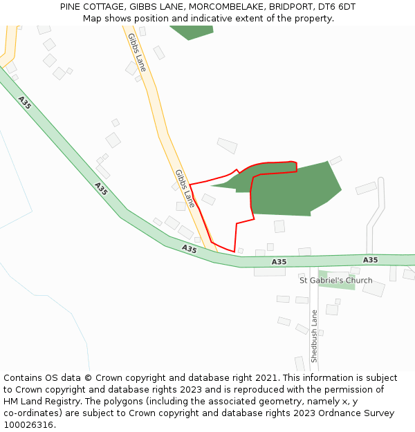 PINE COTTAGE, GIBBS LANE, MORCOMBELAKE, BRIDPORT, DT6 6DT: Location map and indicative extent of plot