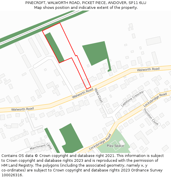 PINECROFT, WALWORTH ROAD, PICKET PIECE, ANDOVER, SP11 6LU: Location map and indicative extent of plot