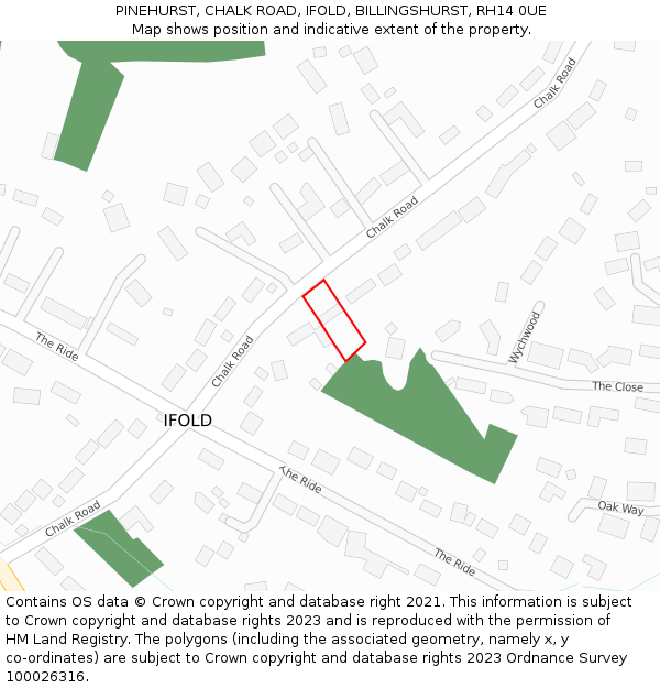 PINEHURST, CHALK ROAD, IFOLD, BILLINGSHURST, RH14 0UE: Location map and indicative extent of plot