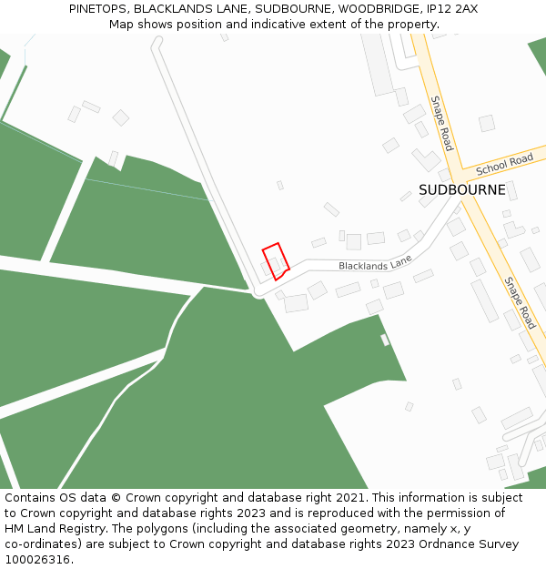 PINETOPS, BLACKLANDS LANE, SUDBOURNE, WOODBRIDGE, IP12 2AX: Location map and indicative extent of plot