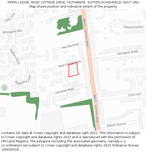 PIPPIN LODGE, ROSE COTTAGE DRIVE, HUTHWAITE, SUTTON-IN-ASHFIELD, NG17 2RU: Location map and indicative extent of plot