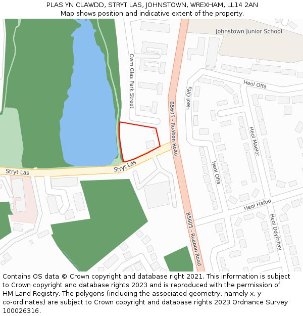 PLAS YN CLAWDD, STRYT LAS, JOHNSTOWN, WREXHAM, LL14 2AN: Location map and indicative extent of plot