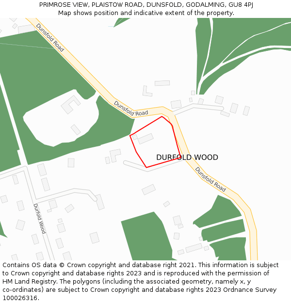 PRIMROSE VIEW, PLAISTOW ROAD, DUNSFOLD, GODALMING, GU8 4PJ: Location map and indicative extent of plot