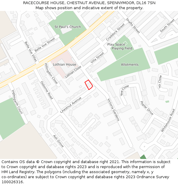 RACECOURSE HOUSE, CHESTNUT AVENUE, SPENNYMOOR, DL16 7SN: Location map and indicative extent of plot