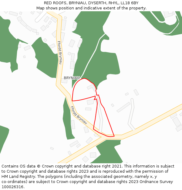 RED ROOFS, BRYNIAU, DYSERTH, RHYL, LL18 6BY: Location map and indicative extent of plot