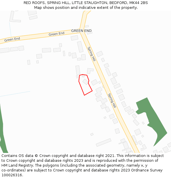 RED ROOFS, SPRING HILL, LITTLE STAUGHTON, BEDFORD, MK44 2BS: Location map and indicative extent of plot