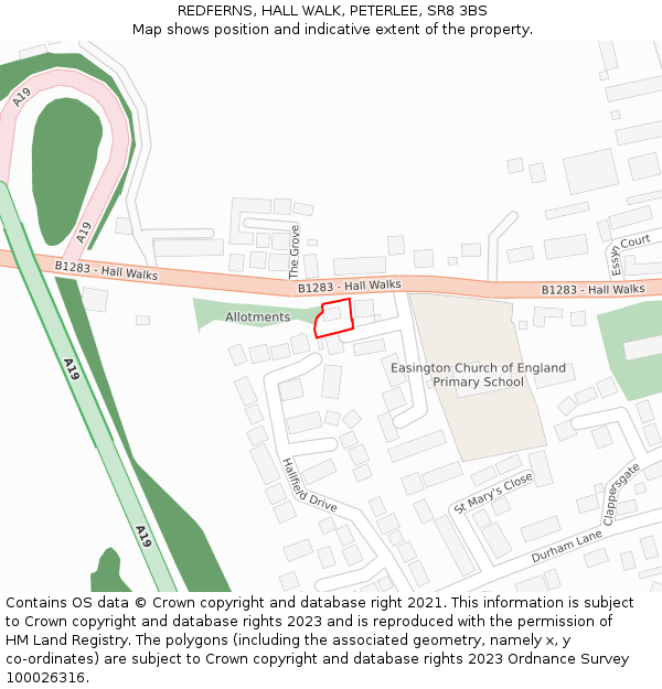 REDFERNS, HALL WALK, PETERLEE, SR8 3BS: Location map and indicative extent of plot