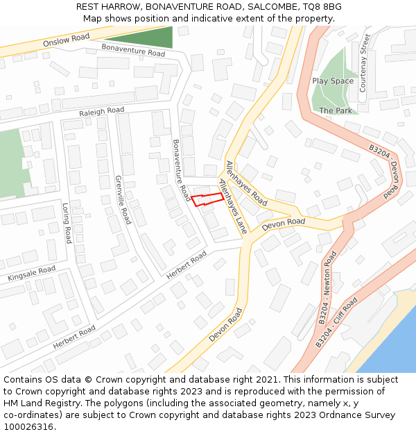 REST HARROW, BONAVENTURE ROAD, SALCOMBE, TQ8 8BG: Location map and indicative extent of plot