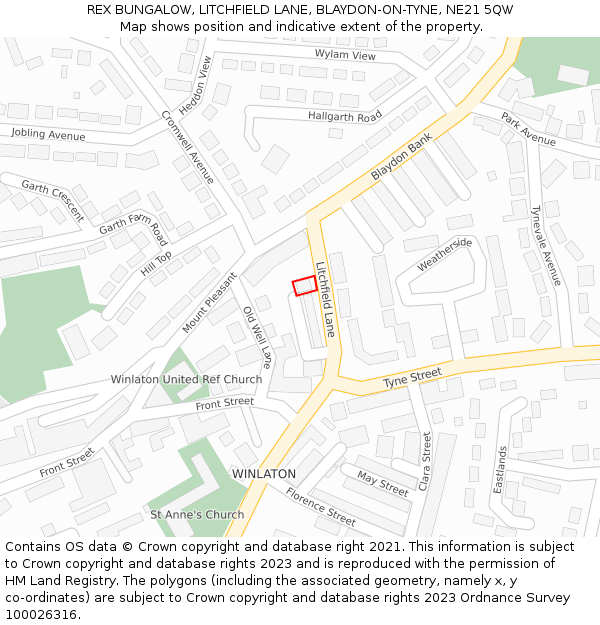 REX BUNGALOW, LITCHFIELD LANE, BLAYDON-ON-TYNE, NE21 5QW: Location map and indicative extent of plot