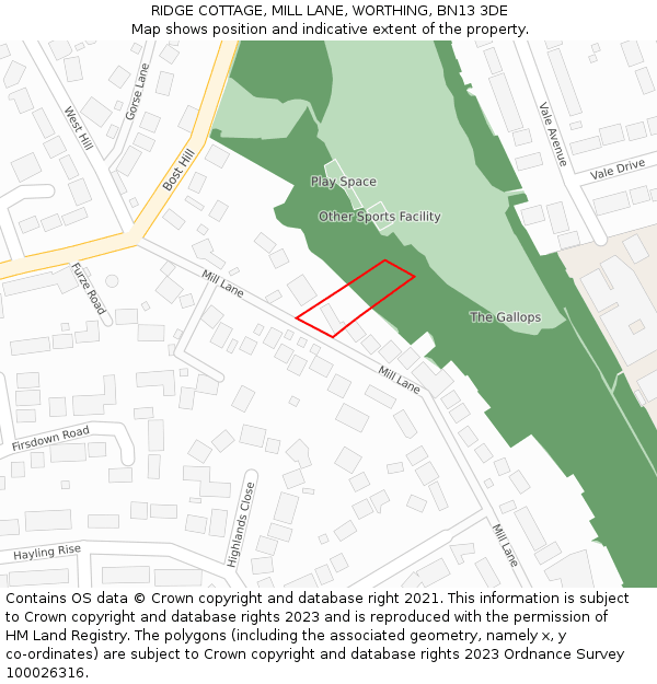 RIDGE COTTAGE, MILL LANE, WORTHING, BN13 3DE: Location map and indicative extent of plot