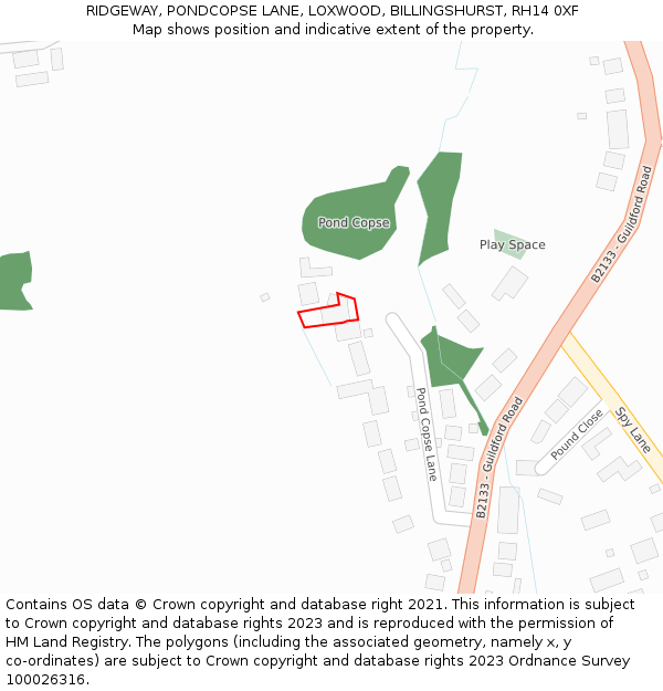 RIDGEWAY, PONDCOPSE LANE, LOXWOOD, BILLINGSHURST, RH14 0XF: Location map and indicative extent of plot