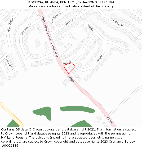 RIDGEWAY, RHIANFA, BENLLECH, TYN-Y-GONGL, LL74 8RA: Location map and indicative extent of plot