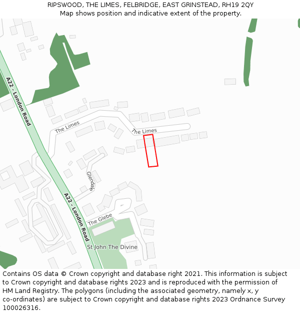 RIPSWOOD, THE LIMES, FELBRIDGE, EAST GRINSTEAD, RH19 2QY: Location map and indicative extent of plot