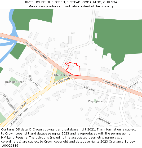 RIVER HOUSE, THE GREEN, ELSTEAD, GODALMING, GU8 6DA: Location map and indicative extent of plot