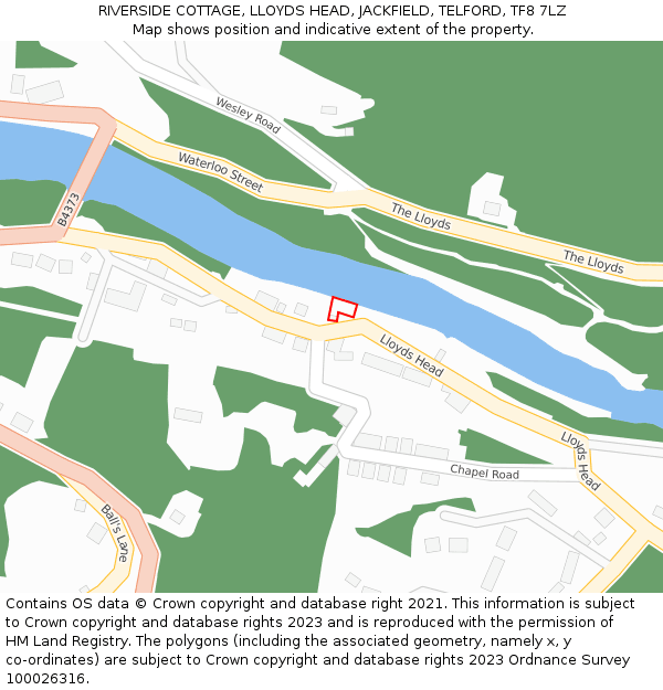 RIVERSIDE COTTAGE, LLOYDS HEAD, JACKFIELD, TELFORD, TF8 7LZ: Location map and indicative extent of plot