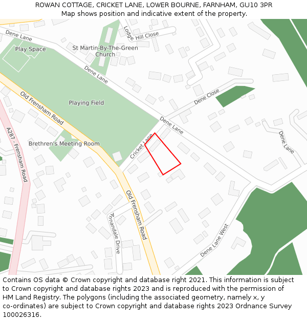 ROWAN COTTAGE, CRICKET LANE, LOWER BOURNE, FARNHAM, GU10 3PR: Location map and indicative extent of plot