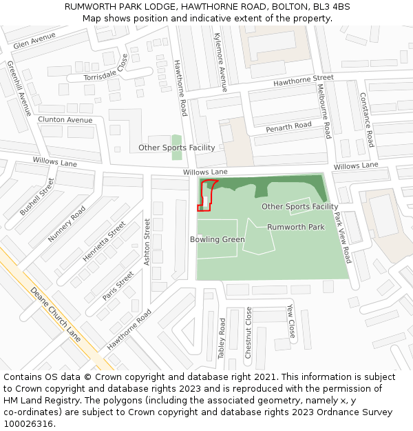 RUMWORTH PARK LODGE, HAWTHORNE ROAD, BOLTON, BL3 4BS: Location map and indicative extent of plot