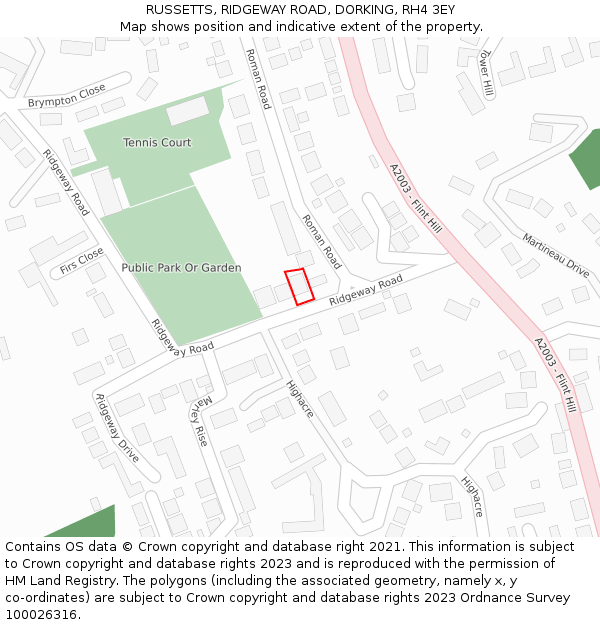 RUSSETTS, RIDGEWAY ROAD, DORKING, RH4 3EY: Location map and indicative extent of plot