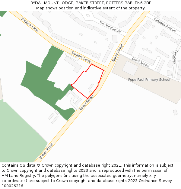 RYDAL MOUNT LODGE, BAKER STREET, POTTERS BAR, EN6 2BP: Location map and indicative extent of plot