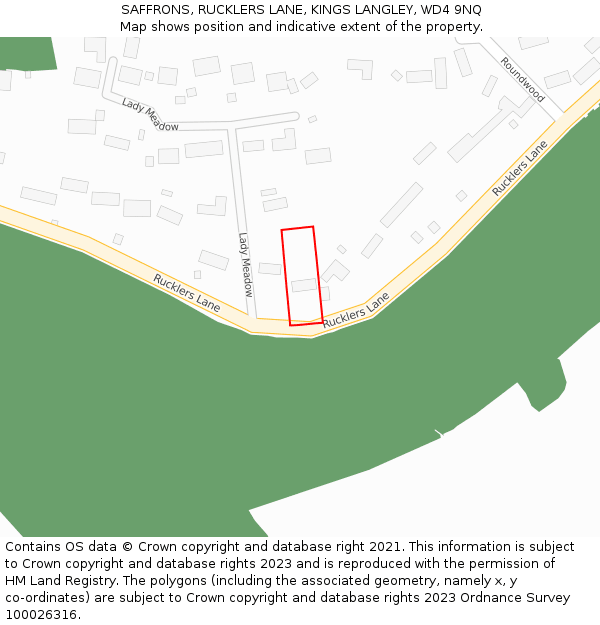 SAFFRONS, RUCKLERS LANE, KINGS LANGLEY, WD4 9NQ: Location map and indicative extent of plot