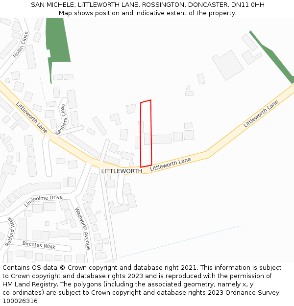 SAN MICHELE, LITTLEWORTH LANE, ROSSINGTON, DONCASTER, DN11 0HH: Location map and indicative extent of plot