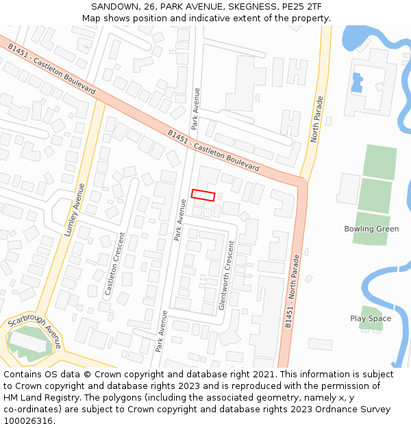 SANDOWN, 26, PARK AVENUE, SKEGNESS, PE25 2TF: Location map and indicative extent of plot