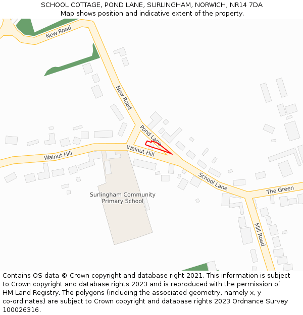 SCHOOL COTTAGE, POND LANE, SURLINGHAM, NORWICH, NR14 7DA: Location map and indicative extent of plot