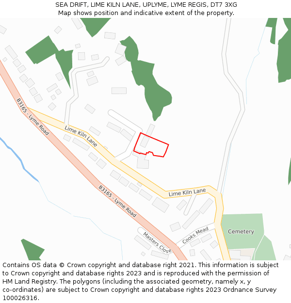 SEA DRIFT, LIME KILN LANE, UPLYME, LYME REGIS, DT7 3XG: Location map and indicative extent of plot