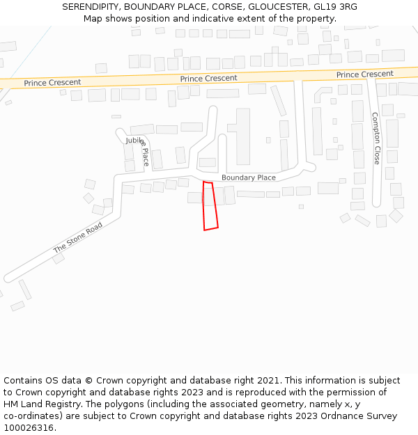 SERENDIPITY, BOUNDARY PLACE, CORSE, GLOUCESTER, GL19 3RG: Location map and indicative extent of plot