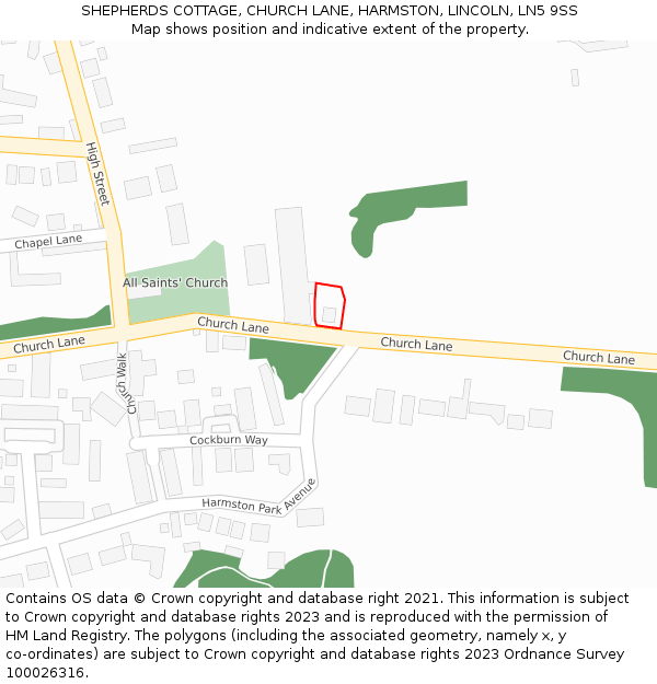 SHEPHERDS COTTAGE, CHURCH LANE, HARMSTON, LINCOLN, LN5 9SS: Location map and indicative extent of plot