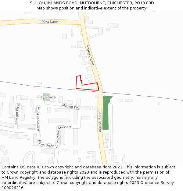 SHILOH, INLANDS ROAD, NUTBOURNE, CHICHESTER, PO18 8RD: Location map and indicative extent of plot