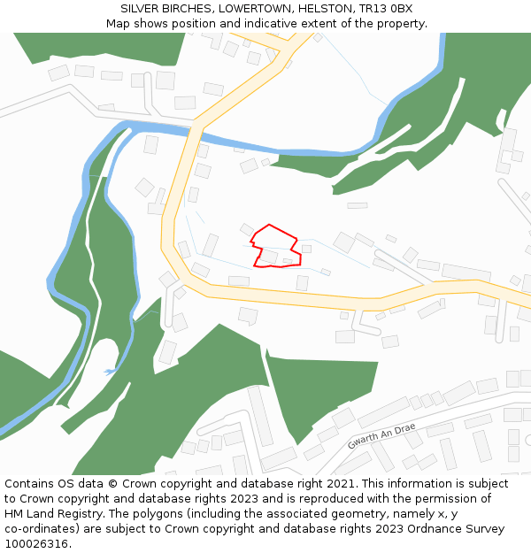 SILVER BIRCHES, LOWERTOWN, HELSTON, TR13 0BX: Location map and indicative extent of plot