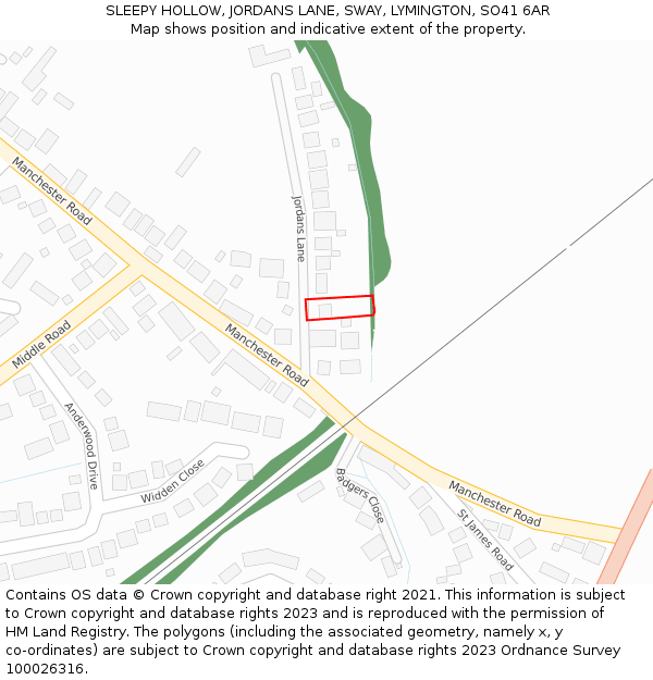 SLEEPY HOLLOW, JORDANS LANE, SWAY, LYMINGTON, SO41 6AR: Location map and indicative extent of plot