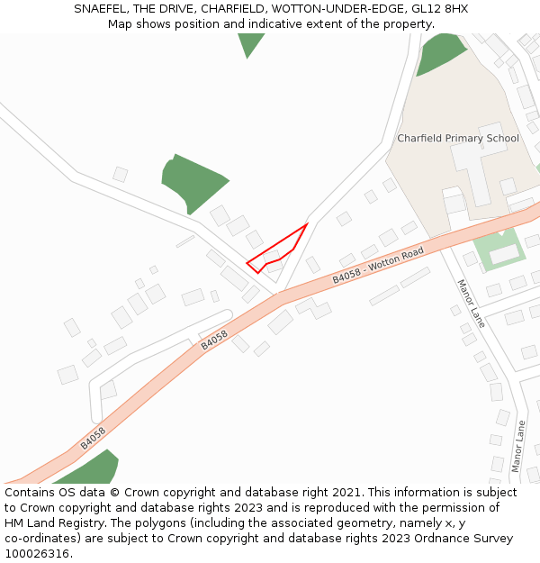 SNAEFEL, THE DRIVE, CHARFIELD, WOTTON-UNDER-EDGE, GL12 8HX: Location map and indicative extent of plot