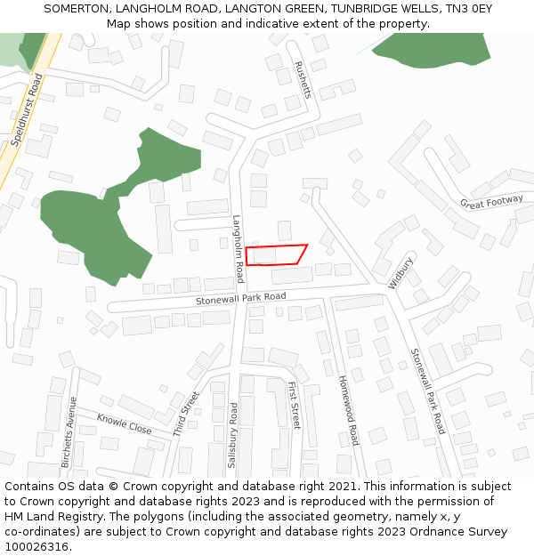 SOMERTON, LANGHOLM ROAD, LANGTON GREEN, TUNBRIDGE WELLS, TN3 0EY: Location map and indicative extent of plot