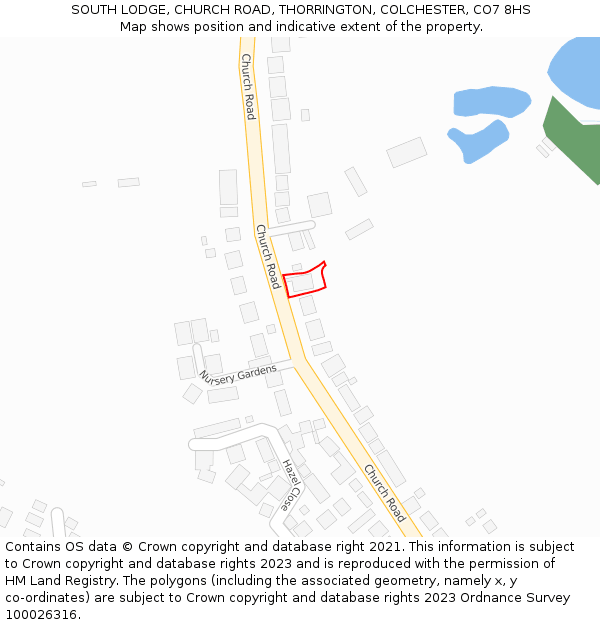 SOUTH LODGE, CHURCH ROAD, THORRINGTON, COLCHESTER, CO7 8HS: Location map and indicative extent of plot