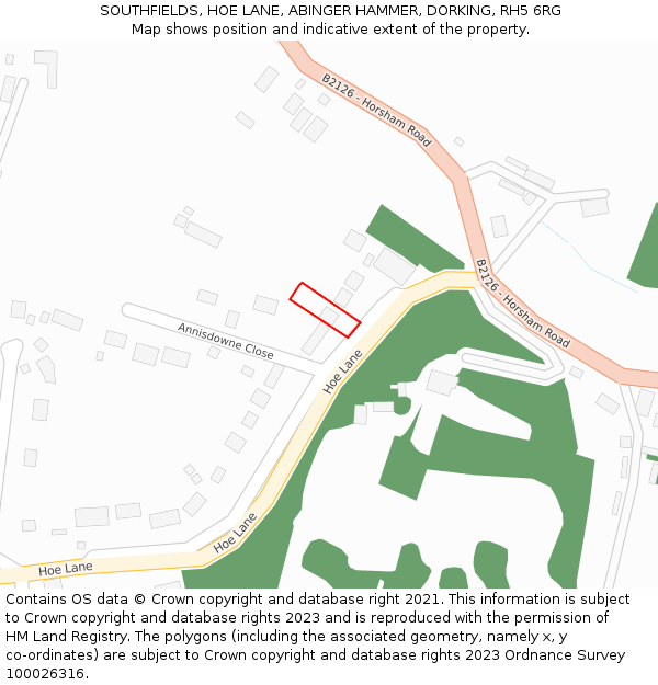 SOUTHFIELDS, HOE LANE, ABINGER HAMMER, DORKING, RH5 6RG: Location map and indicative extent of plot