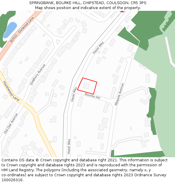 SPRINGBANK, BOURKE HILL, CHIPSTEAD, COULSDON, CR5 3PS: Location map and indicative extent of plot