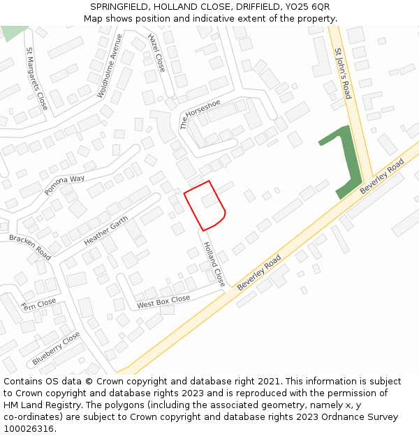 SPRINGFIELD, HOLLAND CLOSE, DRIFFIELD, YO25 6QR: Location map and indicative extent of plot