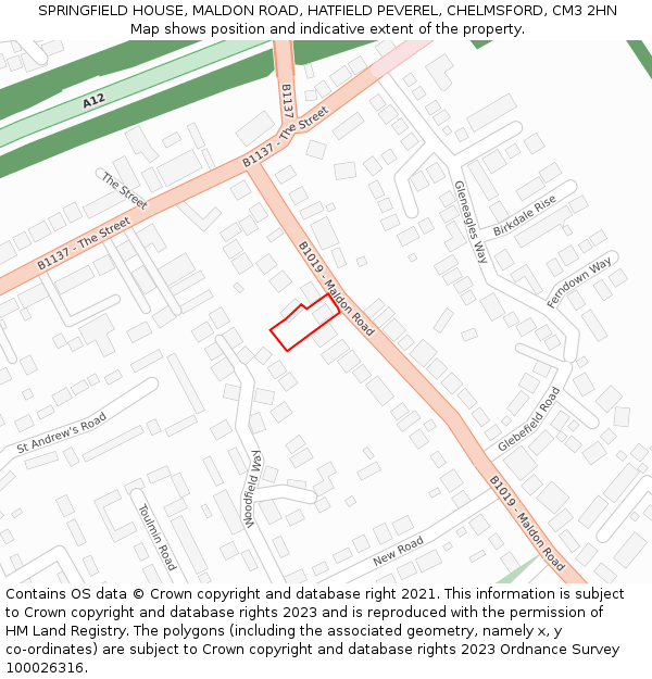 SPRINGFIELD HOUSE, MALDON ROAD, HATFIELD PEVEREL, CHELMSFORD, CM3 2HN: Location map and indicative extent of plot