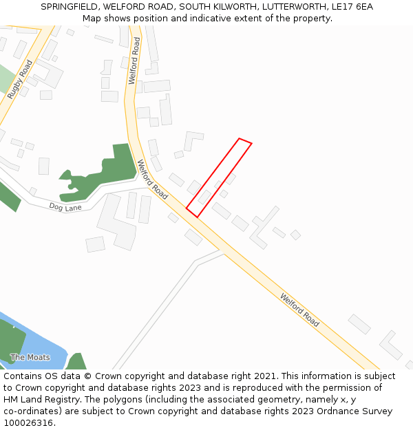 SPRINGFIELD, WELFORD ROAD, SOUTH KILWORTH, LUTTERWORTH, LE17 6EA: Location map and indicative extent of plot