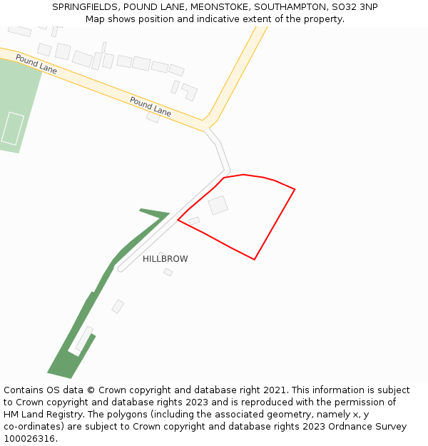 SPRINGFIELDS, POUND LANE, MEONSTOKE, SOUTHAMPTON, SO32 3NP: Location map and indicative extent of plot