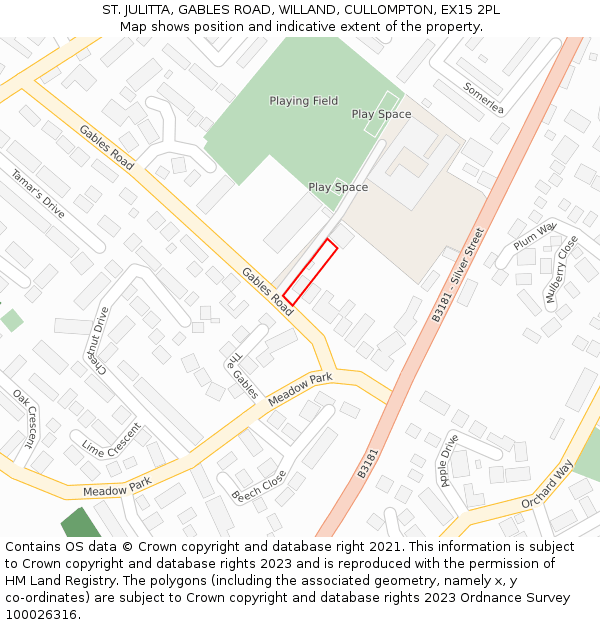 ST. JULITTA, GABLES ROAD, WILLAND, CULLOMPTON, EX15 2PL: Location map and indicative extent of plot