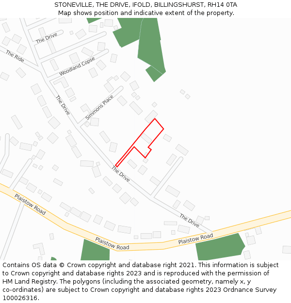 STONEVILLE, THE DRIVE, IFOLD, BILLINGSHURST, RH14 0TA: Location map and indicative extent of plot