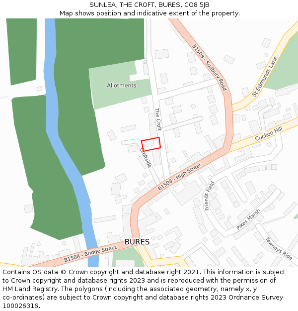 SUNLEA, THE CROFT, BURES, CO8 5JB: Location map and indicative extent of plot