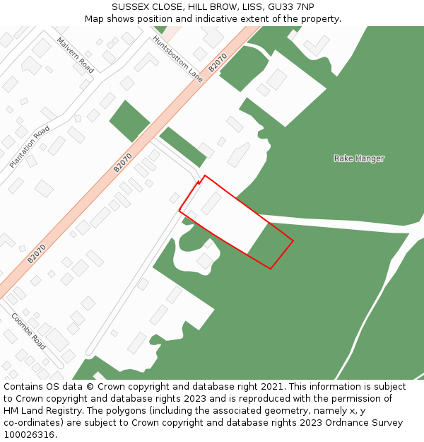 SUSSEX CLOSE, HILL BROW, LISS, GU33 7NP: Location map and indicative extent of plot