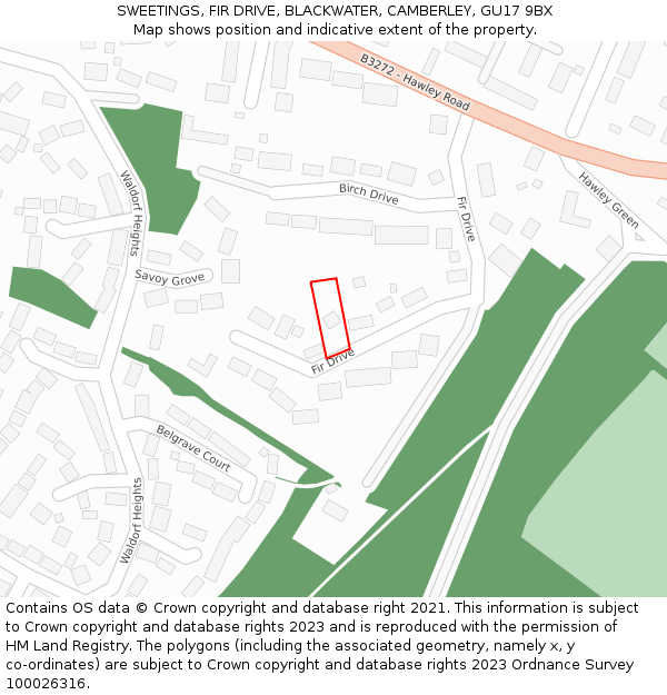 SWEETINGS, FIR DRIVE, BLACKWATER, CAMBERLEY, GU17 9BX: Location map and indicative extent of plot