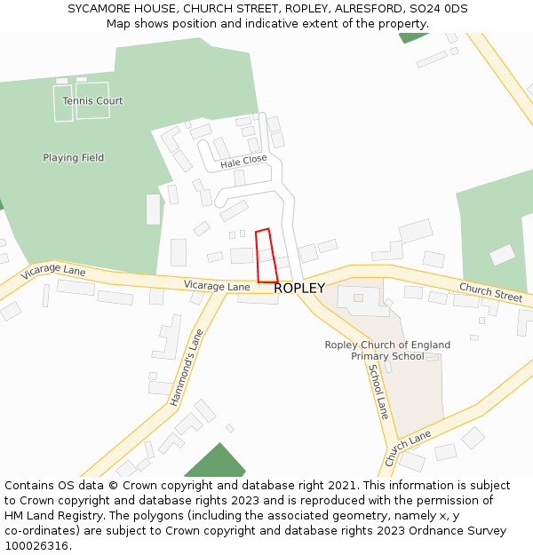 SYCAMORE HOUSE, CHURCH STREET, ROPLEY, ALRESFORD, SO24 0DS: Location map and indicative extent of plot