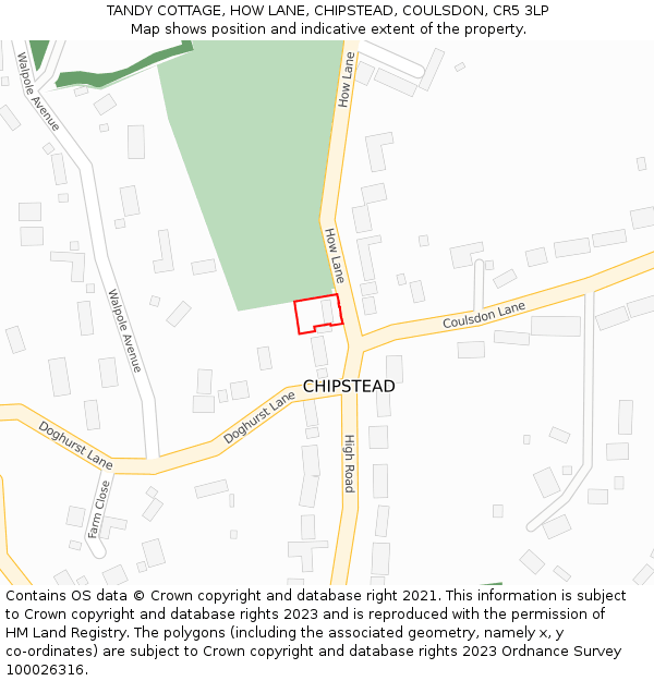 TANDY COTTAGE, HOW LANE, CHIPSTEAD, COULSDON, CR5 3LP: Location map and indicative extent of plot